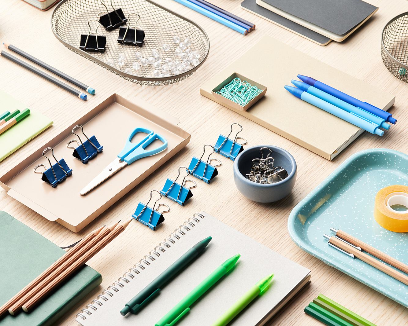 Table with various colorful stationery